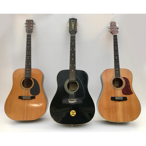 134 - Three acoustic steel string guitars, comprising a 1970s Eko twelve string in black, an Aria SW20 six... 