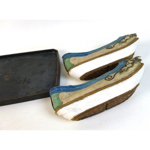 4 - A pair of Chinese embroidered shoes, 15cm long, together with a Japanese Satsuma pottery vase and co... 
