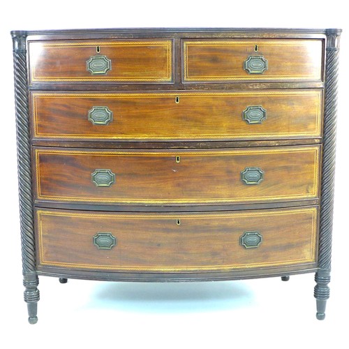 316 - A Georgian mahogany bow fronted chest of two over three drawers, with satinwood and boxwood inlays, ... 