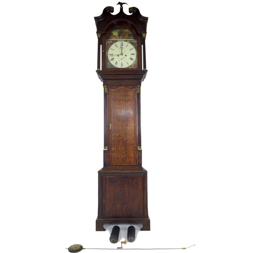 311 - A George III oak long case clock, the painted arched dial emblematic of the seasons, black Roman num... 