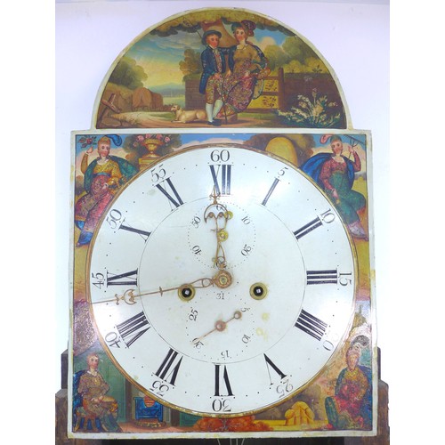 311 - A George III oak long case clock, the painted arched dial emblematic of the seasons, black Roman num... 