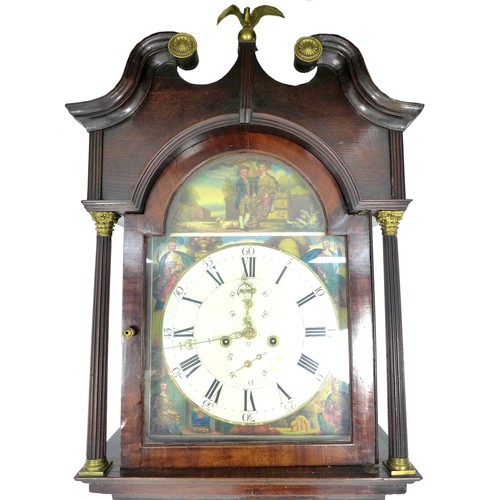 311 - A George III oak long case clock, the painted arched dial emblematic of the seasons, black Roman num... 