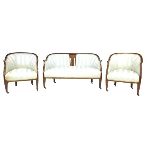 315 - An Edwardian mahogany and inlaid part salon suite, upholstered in pale blue striped satin fabric, a/... 