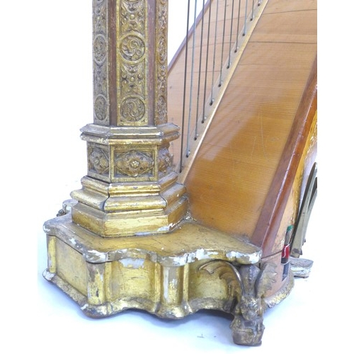 136 - A Victorian harp, Sebastian and Pierre Erard's Harp Patent, No 5535, birds eye maple inlaid giltwood... 