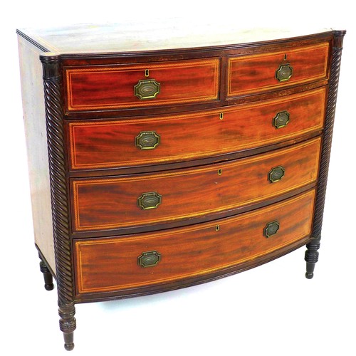 316 - A Georgian mahogany bow fronted chest of two over three drawers, with satinwood and boxwood inlays, ... 