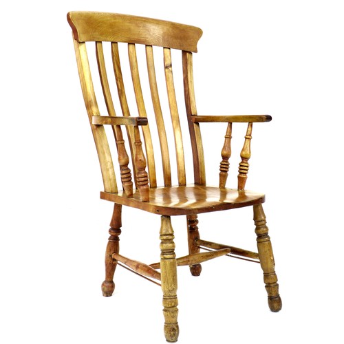 257 - A 19th century slat back Windsor armchair, H stretcher with metal rod reinforcements, 59 by 62 by 10... 