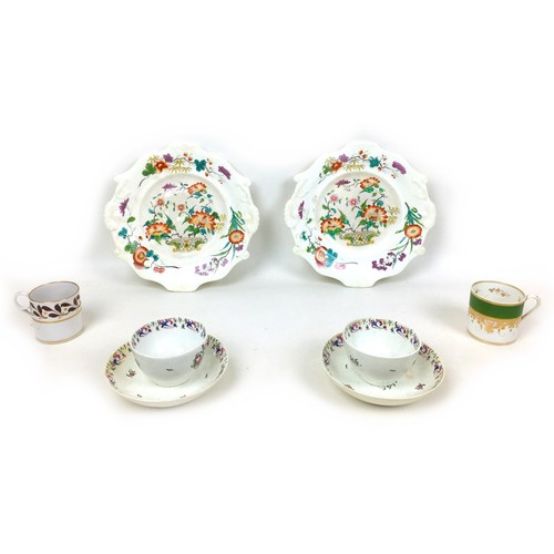 16 - A collection of 18th century and later English porcelain, comprising two tea bowls with saucers, a B... 