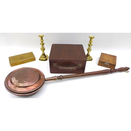 58 - A group of copper and brass items, including a copper warming pan, 108 by 31 by 10cm high, a pair of... 