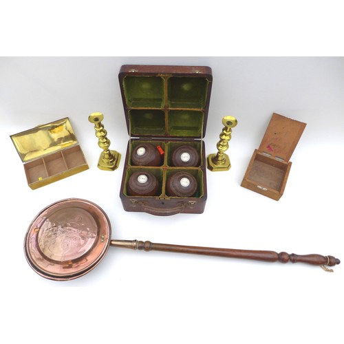 58 - A group of copper and brass items, including a copper warming pan, 108 by 31 by 10cm high, a pair of... 