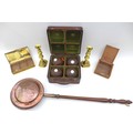 A group of copper and brass items, including a copper warming pan, 108 by 31 by 10cm high, a pair of... 