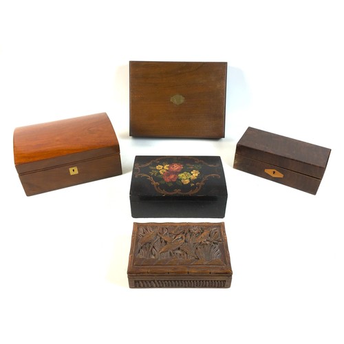 91 - Four wooden jewellery boxes and a canteen, comprising an early 20th century dome topped box, with ha... 