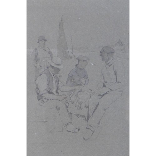 131 - James Kerr-Lawson (1865-1939): 'Fishermen', a study of fishermen gathered at a quayside, with label ... 