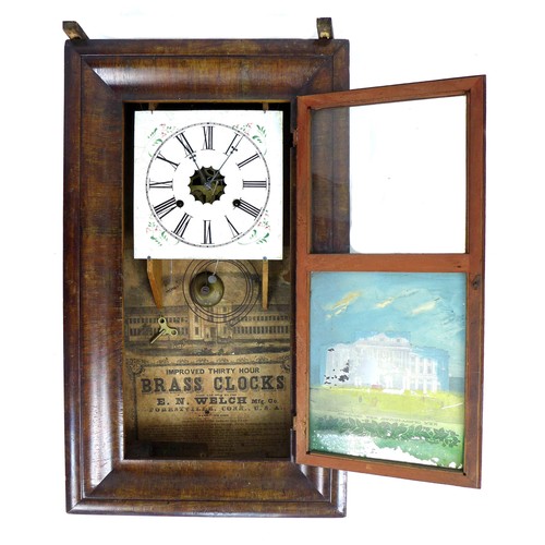 249 - An early 20th century American clock, the enamel dial having Roman numerals and floral spandrels abo... 