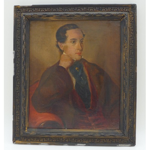 135 - A 19th century portrait of a gentleman in a smoking jacket with wine coloured waistcoat, blue cravat... 