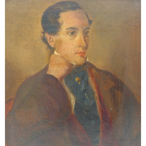 135 - A 19th century portrait of a gentleman in a smoking jacket with wine coloured waistcoat, blue cravat... 