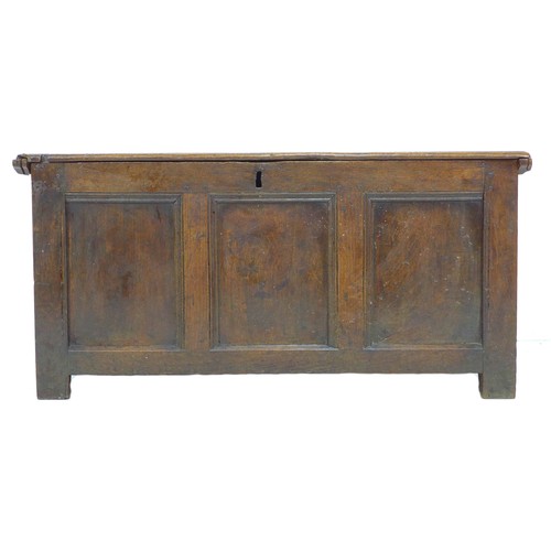 304 - An 18th century oak chest, lift top, candle compartment to one side, loop hinges, three panel front,... 