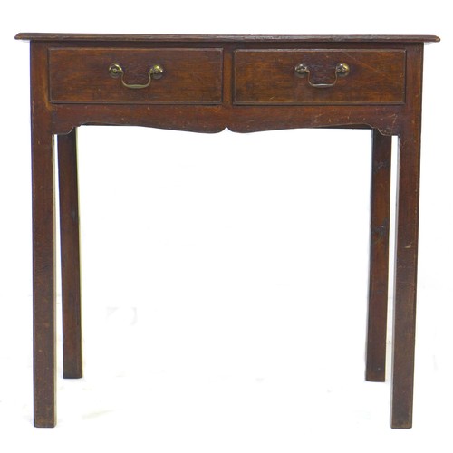 270 - A George III oak side table, two freeze draws with brass swan neck handles, raised on square section... 