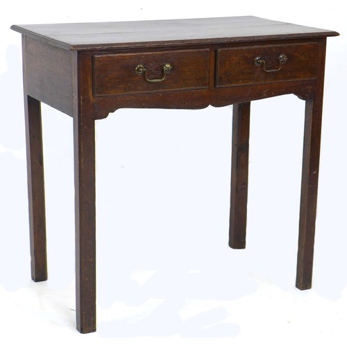 270 - A George III oak side table, two freeze draws with brass swan neck handles, raised on square section... 