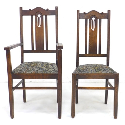 266 - A set of six Edwardian oak dining chairs, 45 by 45 by 106cm high, including two carvers, 54.5 by 54 ... 