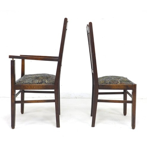 266 - A set of six Edwardian oak dining chairs, 45 by 45 by 106cm high, including two carvers, 54.5 by 54 ... 