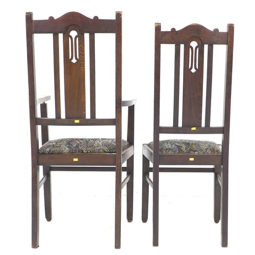 266 - A set of six Edwardian oak dining chairs, 45 by 45 by 106cm high, including two carvers, 54.5 by 54 ... 