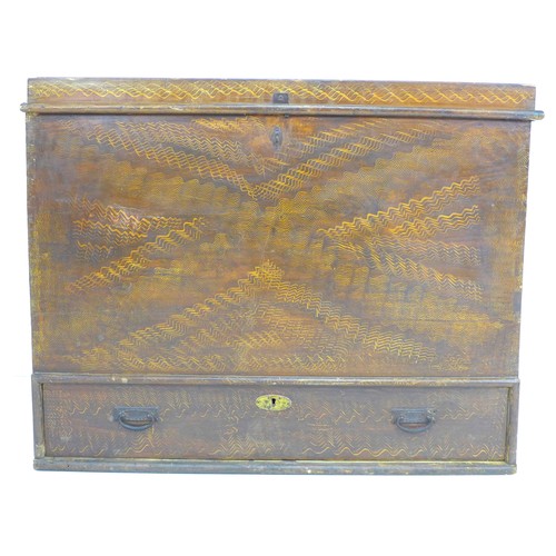 299 - A Russian softwood mule chest, circa 1930, decorated with faux wood grain finish, lift lid revealing... 