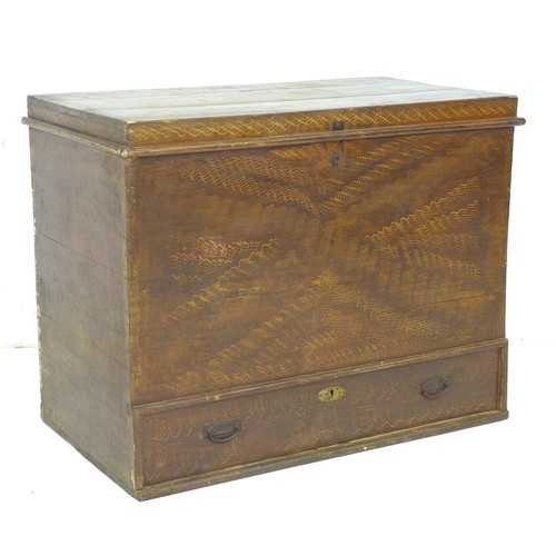 299 - A Russian softwood mule chest, circa 1930, decorated with faux wood grain finish, lift lid revealing... 