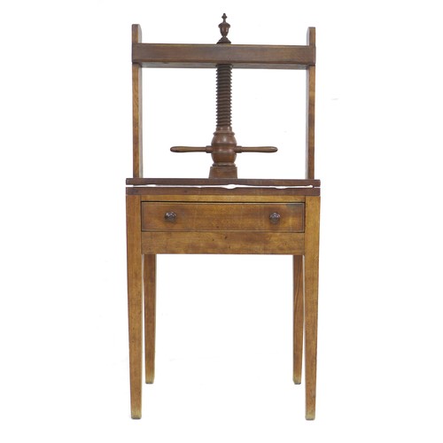 310 - A 19th century elm press, large turned threaded upright with double handle action to square plate, s... 