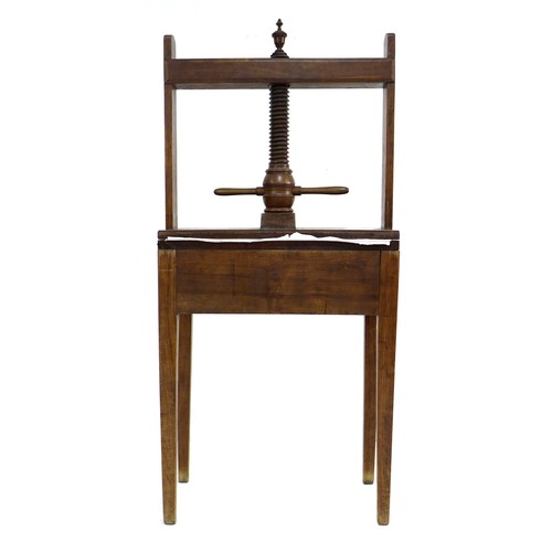 310 - A 19th century elm press, large turned threaded upright with double handle action to square plate, s... 