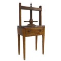 A 19th century elm press, large turned threaded upright with double handle action to square plate, s... 