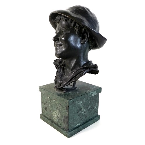 76 - A large bronze bust of a Neapolitan man wearing a hat, with dark green patina, Italian, unsigned but... 