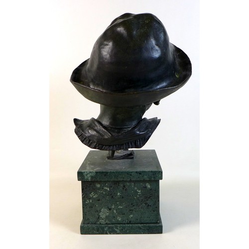 76 - A large bronze bust of a Neapolitan man wearing a hat, with dark green patina, Italian, unsigned but... 