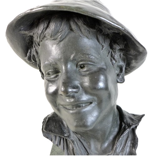 76 - A large bronze bust of a Neapolitan man wearing a hat, with dark green patina, Italian, unsigned but... 