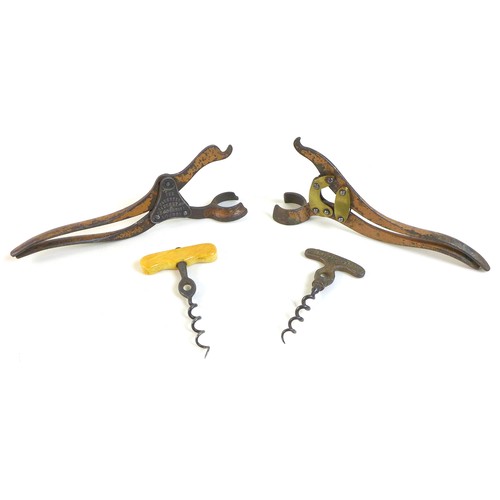 55 - An impressive collection of antique corkscrews, comprising a Victorian Lund single lever corkscrew, ... 