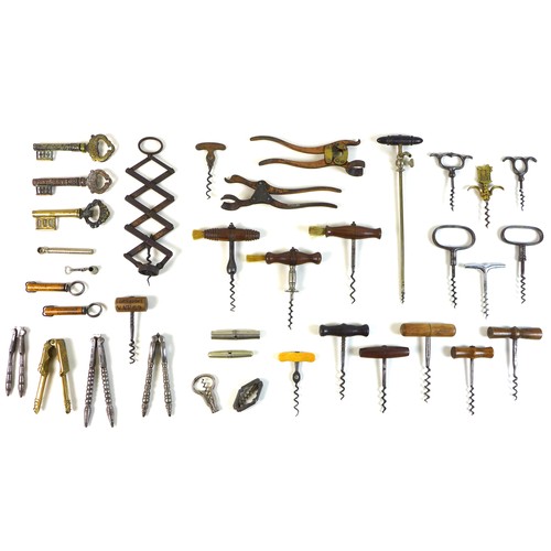 55 - An impressive collection of antique corkscrews, comprising a Victorian Lund single lever corkscrew, ... 