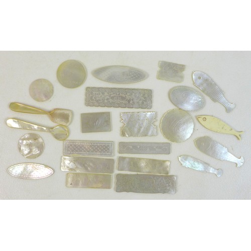 53 - A collection of 19th century and later carved mother of pearl gaming counters, including Chinese exa... 