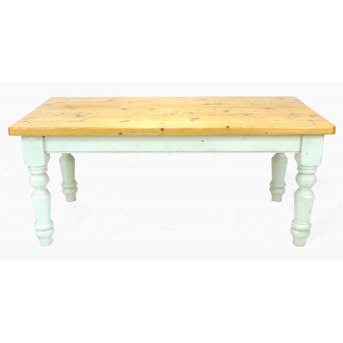 263 - A modern pine kitchen dining table, pale green painted legs, 91.5 by 183 by 79.5cm high together wit... 