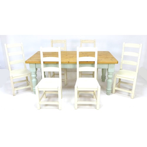 263 - A modern pine kitchen dining table, pale green painted legs, 91.5 by 183 by 79.5cm high together wit... 