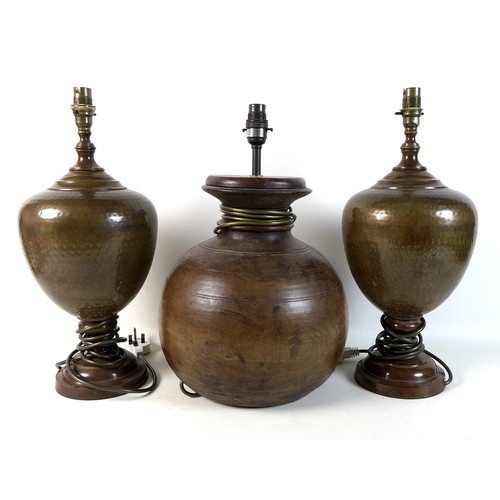 247 - A pair of modern bronze effect table lamps of baluster form, together with a modern gourd shaped woo... 