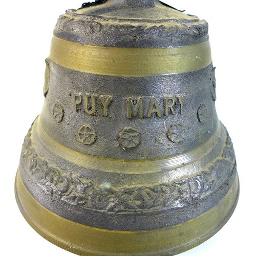 57 - A French cast metal cow bell, 'Puy Mary', 22.5 by 19cm high, with wide leather strap.