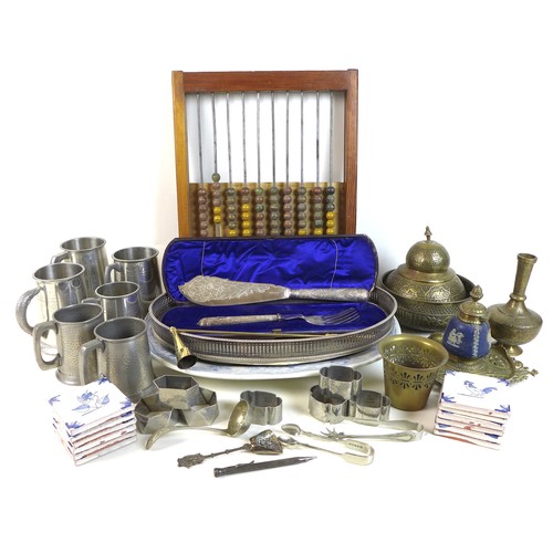 61 - A mixed collection of silver plated, pewter, and copper items, including a cased fish serving knife ... 