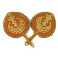 Two Persian hand fans, gold coloured velvet with embroidered design 'Sultan of Perac', originally gi... 