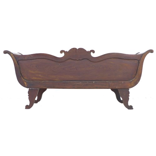 303 - An early 19th century hall seat, narrow form settee, with scroll arms, carved decoration, and solid ... 