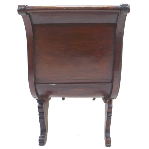 303 - An early 19th century hall seat, narrow form settee, with scroll arms, carved decoration, and solid ... 