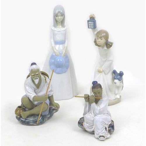 6 - A group of four ceramic figurines, comprising a Nao figurine of a girl holding aloft a lantern, 505,... 