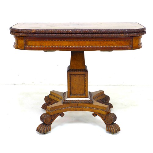 291 - A Victorian burr walnut card table, D form fold over surface, black baize surface, square section st... 