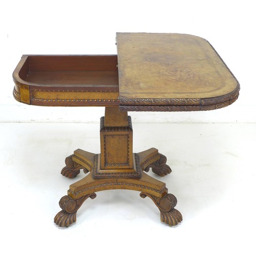 291 - A Victorian burr walnut card table, D form fold over surface, black baize surface, square section st... 