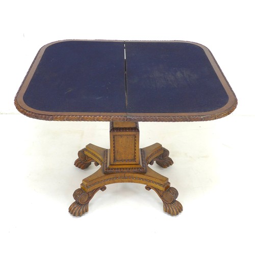 291 - A Victorian burr walnut card table, D form fold over surface, black baize surface, square section st... 