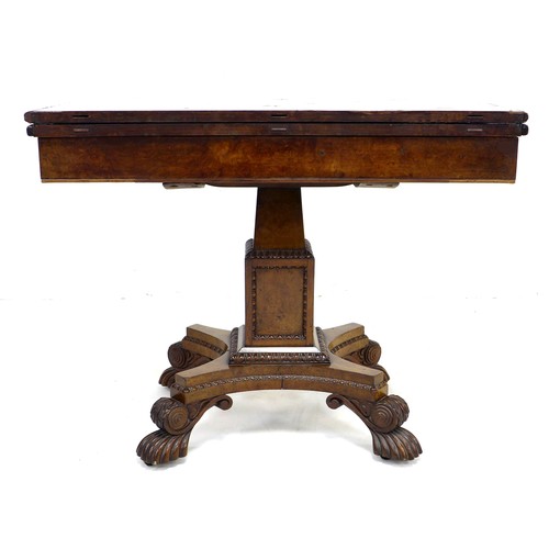 291 - A Victorian burr walnut card table, D form fold over surface, black baize surface, square section st... 