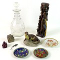 A mixed group of collectables, comprising a Victorian clear glass three ring decanter and stopper, 2... 